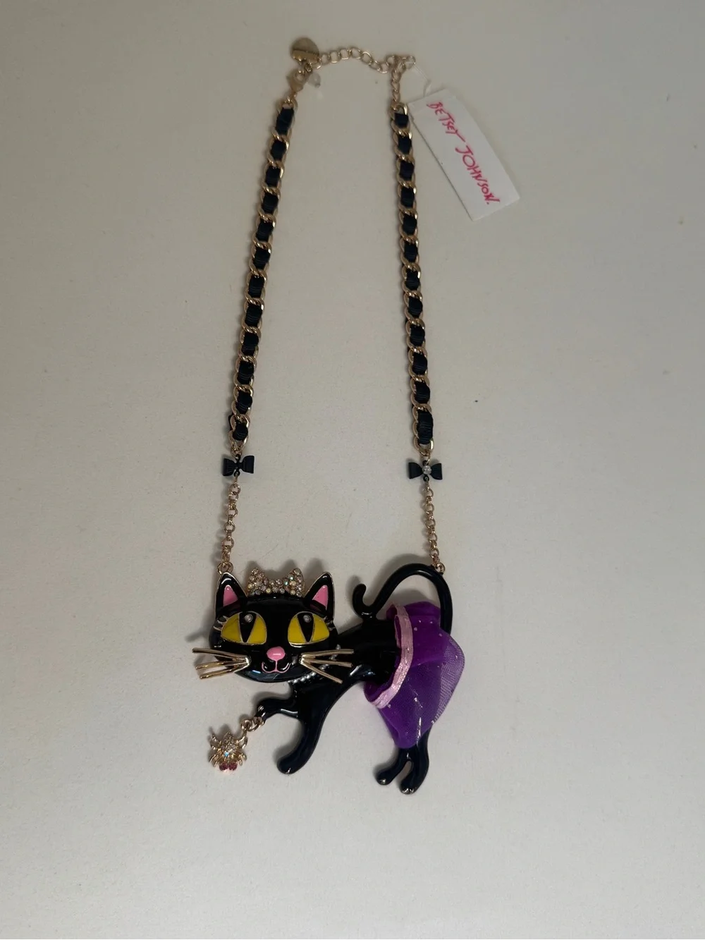 Betsey Johnson Black Cat Pendant Necklace with Purple Skirt